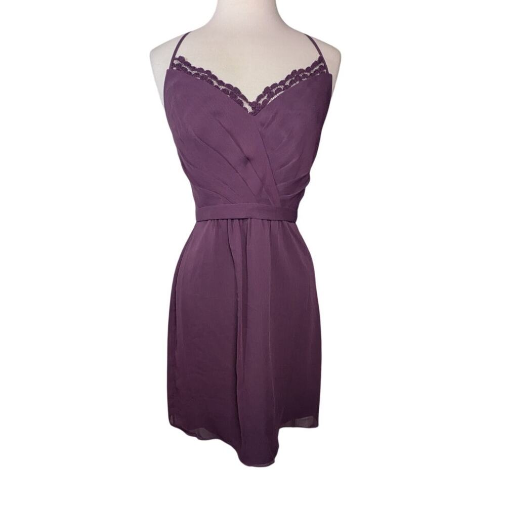 New Davids Bridal Size 4 Plum Dress Short Chiffon Lace Back Spaghetti Straps